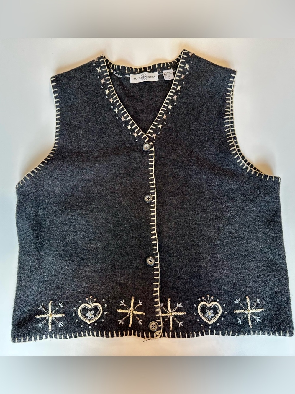 Vintage Marisa Christina 100% Wool Embroidered Blanket Stitch Vest Gray L